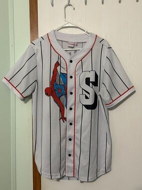 Marvel Spider-Man Pinstripe Baseball Jersey - White/Black/Red Size Medium